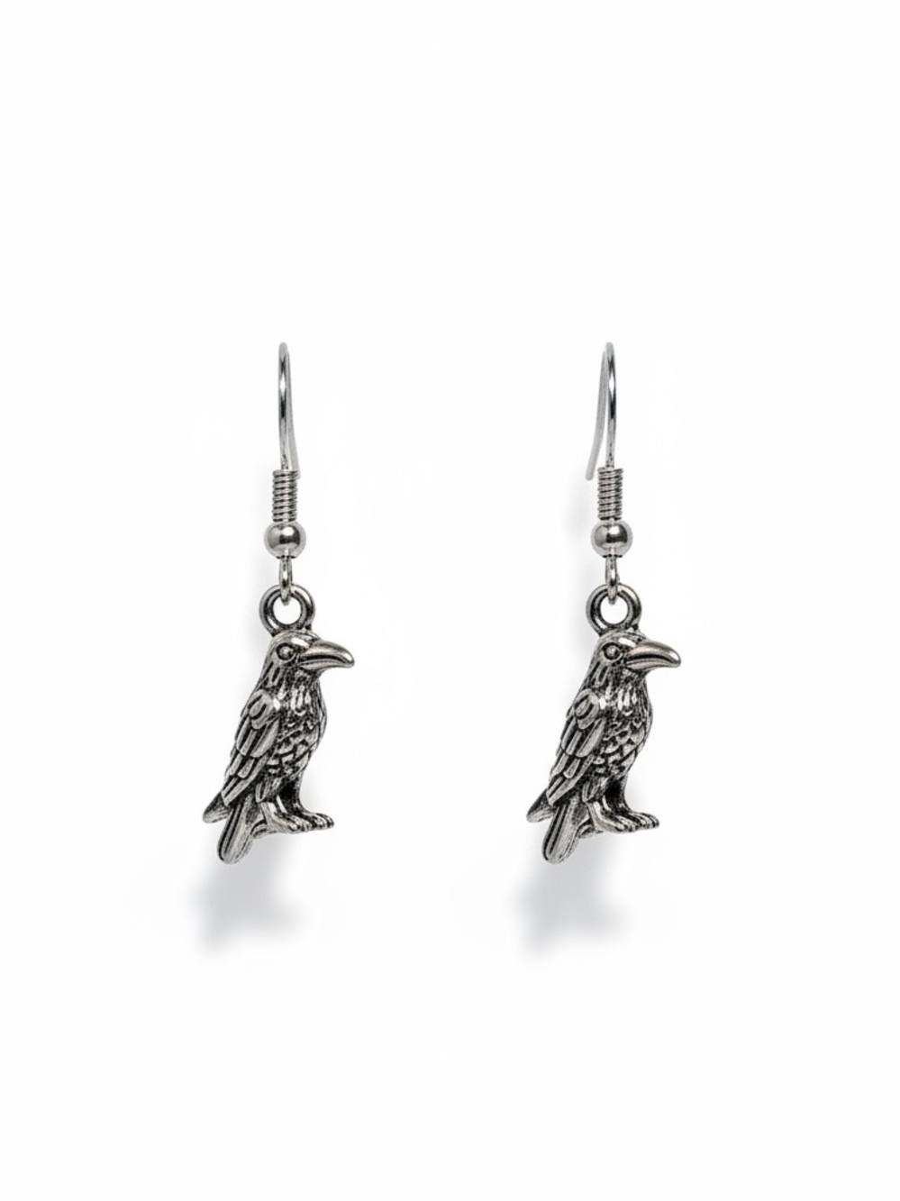 Handmade Raven Charm Drop Earrings in Antiqued Silver Tone